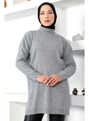 Grey - Crew neck - Unlined - Knit Tunics - Tesettür Dünyası