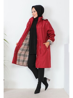 Burgundy - Fully Lined - Plus Size Trench coat - İmaj Butik