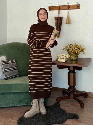 Brown - Stripe - Unlined - Knit Dresses - Ceylan Otantik
