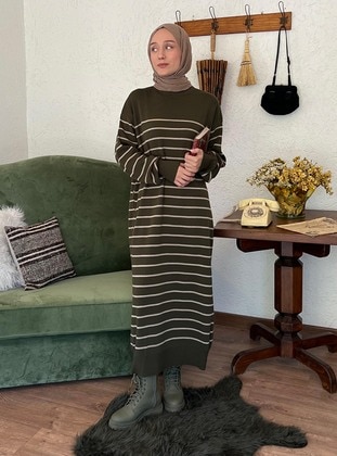 Khaki - Stripe - Unlined - Knit Dresses - Ceylan Otantik