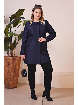 Navy Blue - Fully Lined - 300gr - Plus Size Trench coat - Ferace
