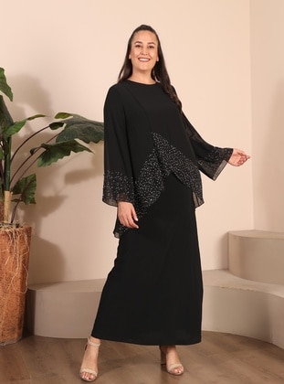 Black - Printed - Plus Size Evening Dress - Ferace