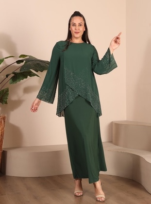 Emerald - Printed - Plus Size Evening Dress - Ferace
