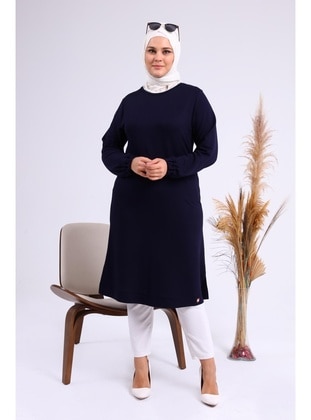 Women's Plus Size Two Yarn Combed Cotton Long Hijab Tunic Navy Blue