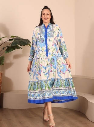 Blue - Floral - Plus Size Dress - Ferace