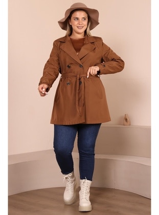 Tan - Fully Lined - Cuban Collar - Plus Size Trench coat - Ferace