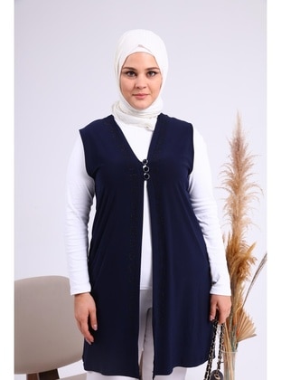 Women's Plus Size Three Button Lycra Vest Navy Blue