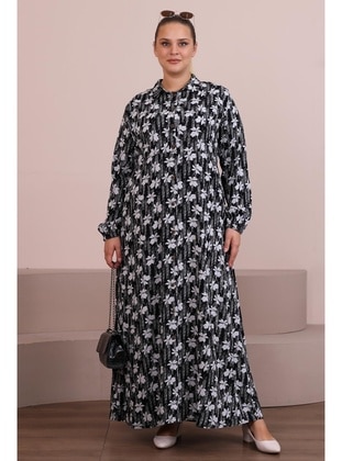Black - Floral - Unlined - Plus Size Dress - Ferace