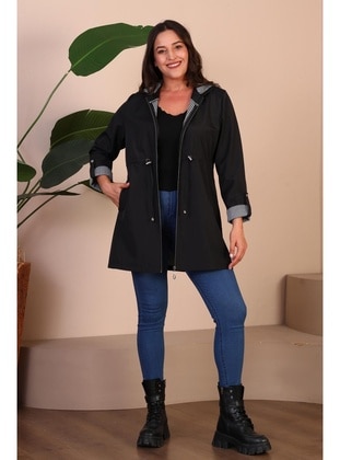 Black - Stripe - Plus Size Trench coat - Ferace