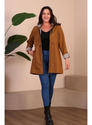 Tan - Stripe - Plus Size Trench coat - Ferace