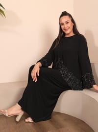 Black - Printed - Plus Size Evening Dress