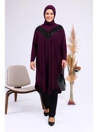 Women's Plus Size Bat Sleeve Sequin Tunic Relaxed Fit Shirring Burgundy