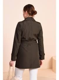 Khaki - Fully Lined - Cuban Collar - Plus Size Trench coat