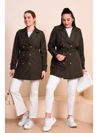 Khaki - Fully Lined - Cuban Collar - Plus Size Trench coat