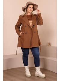 Tan - Fully Lined - Cuban Collar - Plus Size Trench coat