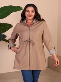Stone Color - Stripe - Plus Size Trench coat