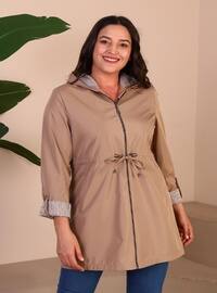 Stone Color - Stripe - Plus Size Trench coat
