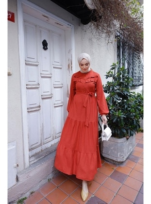 Brick Red - Modest Dress - Burcu Fashion