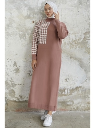 Dusty Rose - Houndstooth - Polo neck - Knit Dresses - InStyle