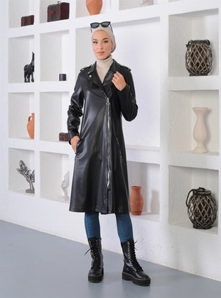 Zipper Detailed Leather Hijab Black Cape Coat