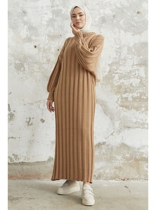 Camel - Round Collar - Knit Dresses - InStyle