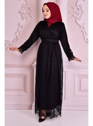 Belt Detailed Lace Evening Dresses Black Nev14910