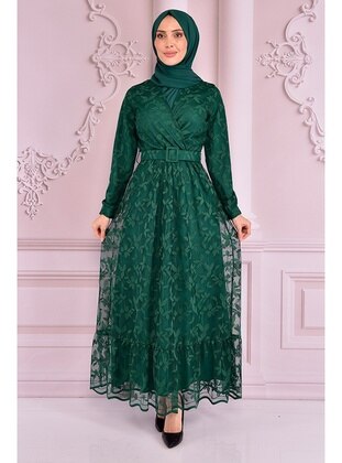 Belt Detailed Lace Evening Dress Emerald Nev14903