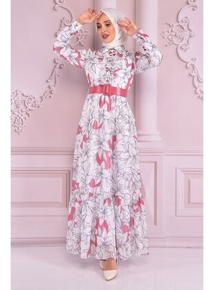 Belt Detailed Chiffon Dress Rose Color Nev14945