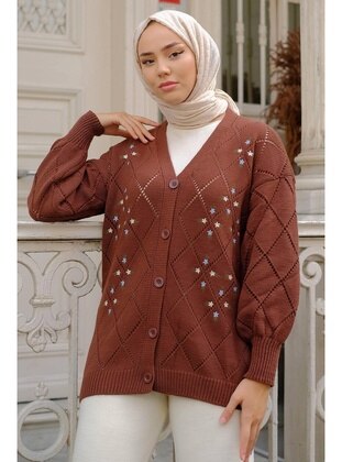 Brown - Knit Cardigan - Hafsa Mina
