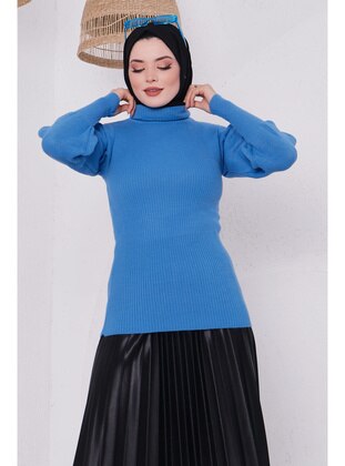Blue Women's Turtleneck Balloon Sleeve Sweater