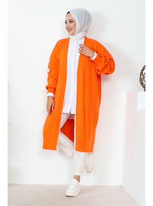 Orange Women's Modest Women's Modest Fitted Long Hijab Sweater Cardigan With Slits