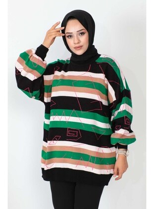 Black Women's Modest Balloon Sleeve Striped Oversized Hijab Sweater Tunic