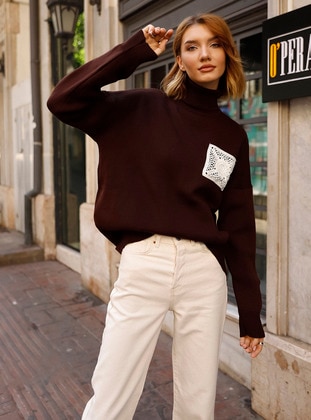 Brown - Unlined - Polo neck - Knit Sweaters - Threeco