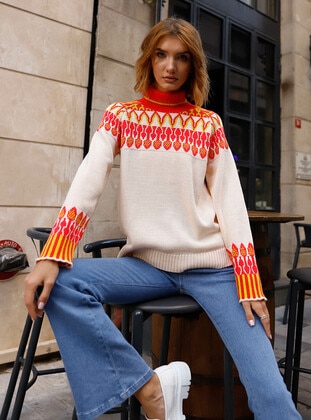 White - Unlined - Polo neck - Knit Sweaters - Threeco
