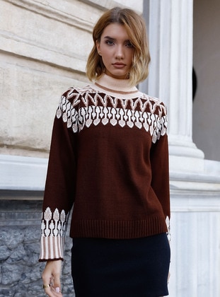 Brown - Polo neck - Knit Sweaters - Threeco