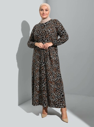 Brown - Plus Size Dress - GELİNCE