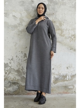 Anthracite - Hooded collar - Knit Dresses - InStyle