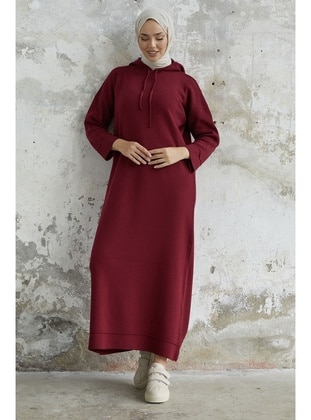 Burgundy - Hooded collar - Knit Dresses - InStyle