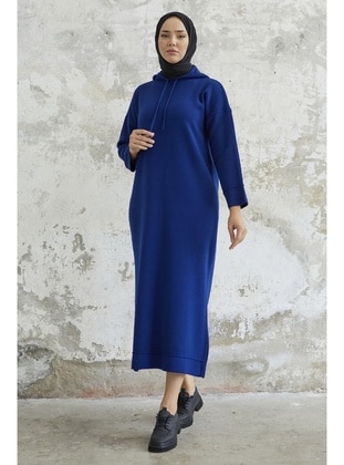 Navy Blue - Hooded collar - Knit Dresses - InStyle