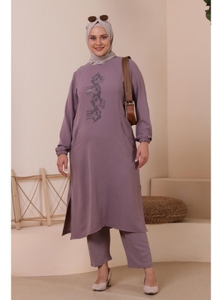 Women's Plus Size Top And Bottom Suit Piping And Stone Embroidered Rose