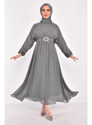 Grey - Modest Dress - Moda Merve