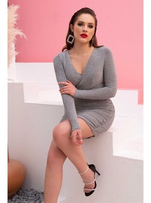 Grey - Fully Lined - 1000gr - Double-Breasted - Evening Dresses - Simmore
