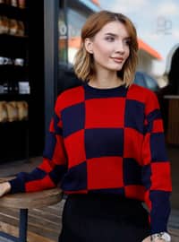 Navy Blue - Red - Unlined - Zero collar - Knit Sweaters