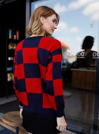 Navy Blue - Red - Unlined - Zero collar - Knit Sweaters