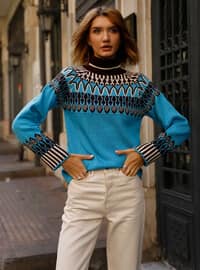 Blue - Unlined - Polo neck - Knit Sweaters