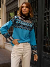 Blue - Unlined - Polo neck - Knit Sweaters