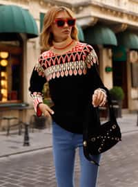 Black - Unlined - Polo neck - Knit Sweaters