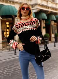 Black - Unlined - Polo neck - Knit Sweaters