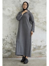 Anthracite - Hooded collar - Knit Dresses