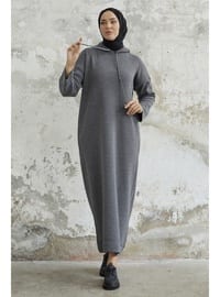 Anthracite - Hooded collar - Knit Dresses